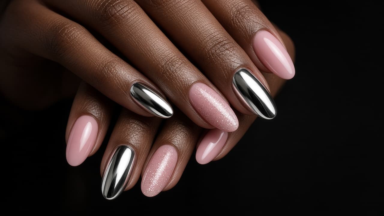 Manicured nails with pink and chrome gel art